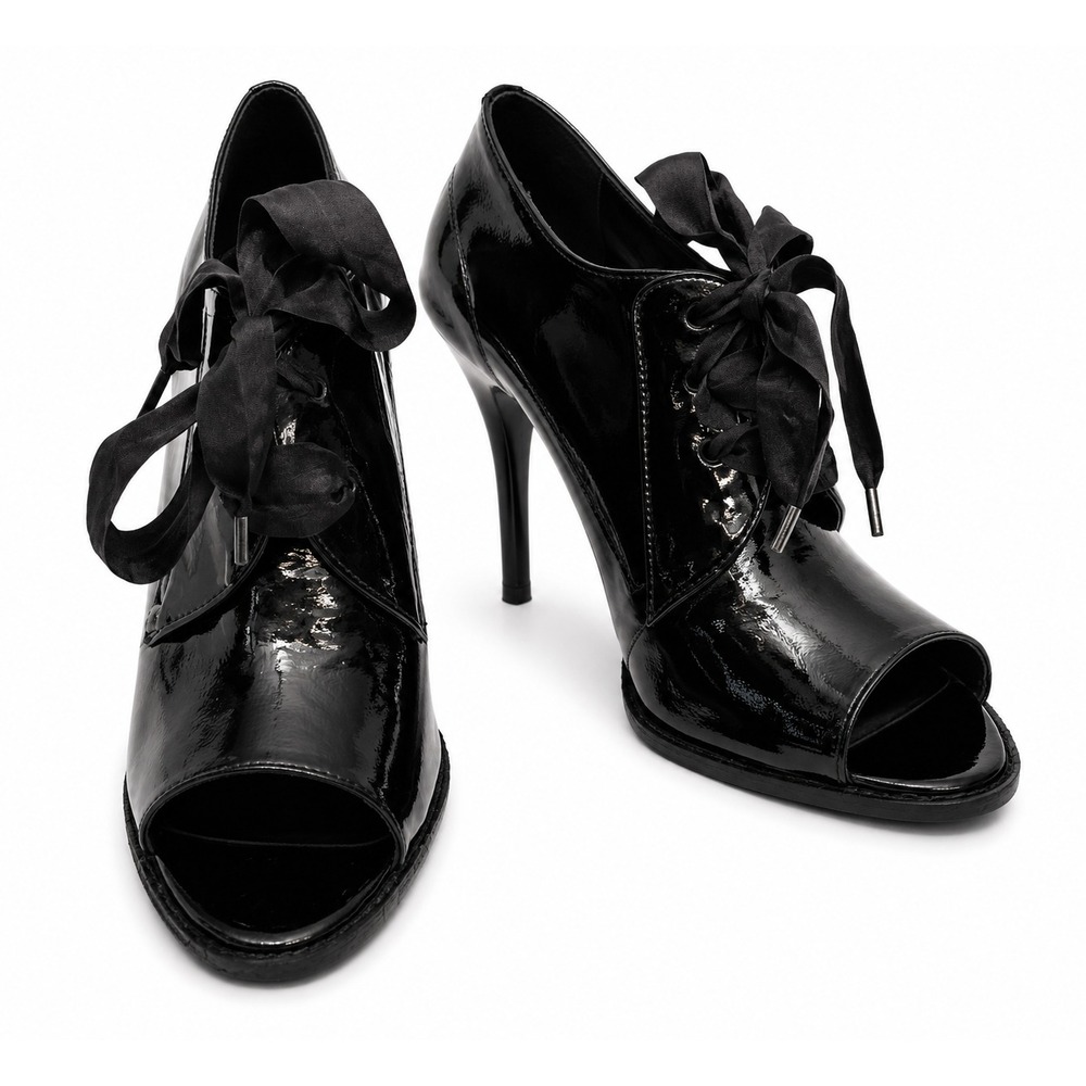 Juicy Couture Womens Stiletto Shoe Bootie Size 8 Black‎ Patent Lace Up Peep Toe